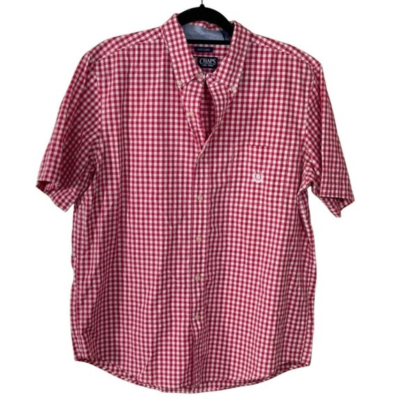 Chaps Button Down Shirt Men's Short Sleeve Pink Gingham L Large Easy Care - Picture 1 of 8